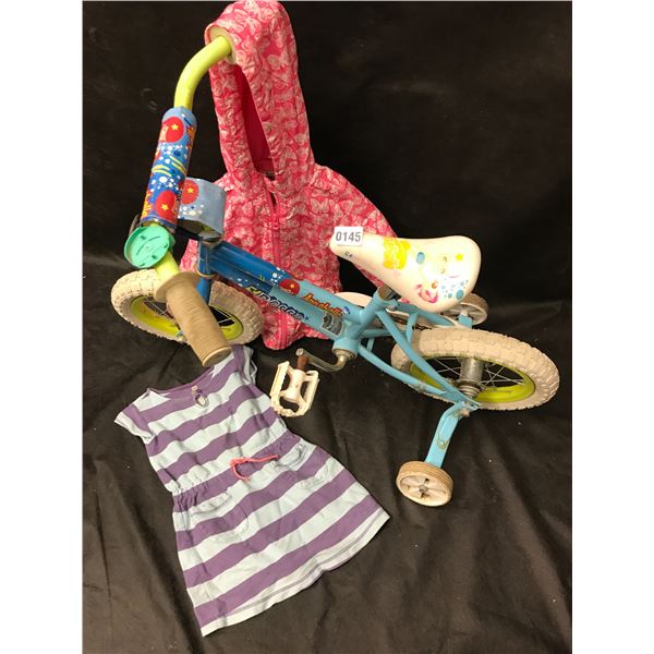 Annabelle Blue Tricycle , Children's Purple & White Striped Dress, & Red Hoodie