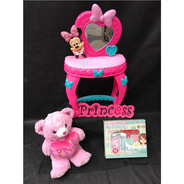 Minnie Mouse Princess Lightup Vanity, Bath Fizzie's & Pink Teddy Bear