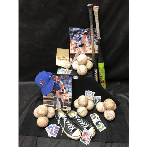 Blue Jays Cap, 2 Baseball Photos, 2 Baseball Bats, Calgary Cannons Banner & 17 Assorted Baseballs