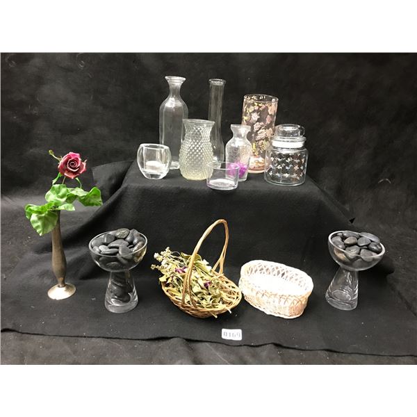Assorted Glass Vases, Black Decorative Stones, Baskets & Candle Holder