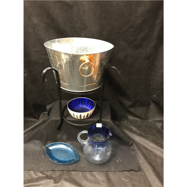 Blue Glass Mexican Pitcher, Metal Beer Bucket & 2 Serving Dishes