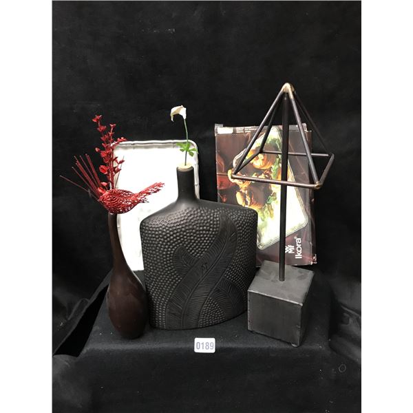 Modern Triangle Art, Silver Tray & 2 Vases