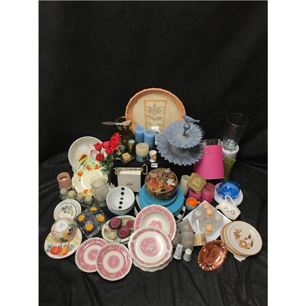 Hot Pink Bathroom Set (Toothbrush Holder/Cup/Garbage Can), Bird Feeder, Assorted China & Candles