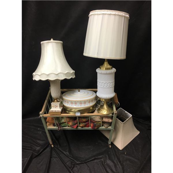 2 Table Lamps, Ceiling Light & Wood Doll Bed