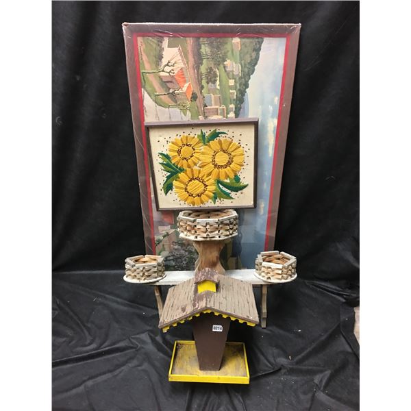 Birdhouse, Wood Triple Planter, Large Countryside Picture & Framed Sunflower Needlepoint