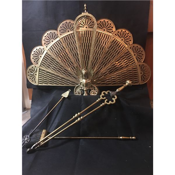 Brass Griffin Fireplace Screen & Fireplace Irons