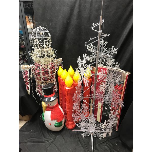 Large Lightup Outdoor Nutcracker, Merry Christmas Sign, Blow Mold Snowman, Noel Candles & Rotating C