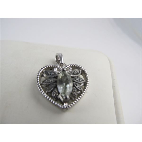 R CHINA ATTRACTIVE HEART PENDANT QUARTZ / CRYSTAL ACCENTS STERLING SILVER 1" H XLNT