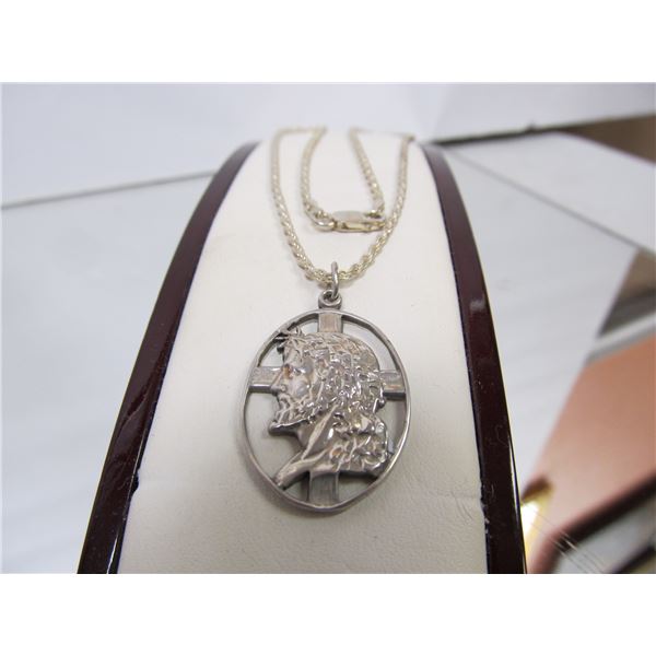 JESUS FACE / CROSS PENDANT & CHAIN 16 ¼" STERLING SILVER XLNT CLEAN COND