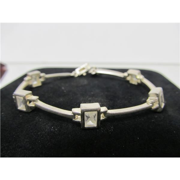 STERLING SILVER 5 RECTANGULAR FACETED CZ LINKED BRACELET 7" V GOOD COND