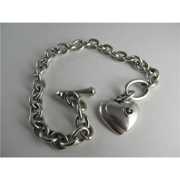 WITH ALL MY HEART\\\' W/ RUBIES STERLING SILVER TOGGLE FINE BRACELET 7 1/2" V GOOD COND