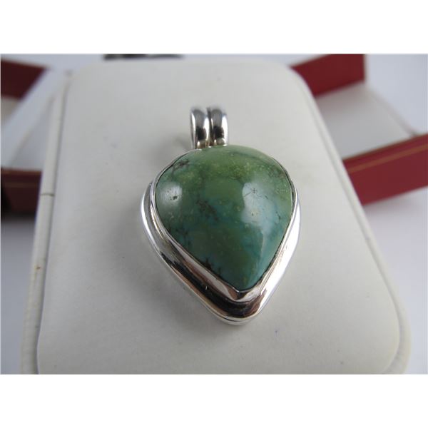 FINE PENDANT INSET BLUE / GREEN TURQUOISE STERLING SILVER 1 3/8" H V GOOD COND