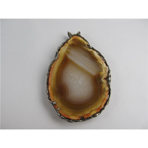 FINE LARGE AGATE STONE PENDANT STERLING SILVER RIM 3" H  XLNT COND