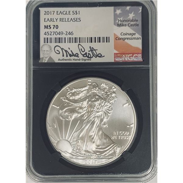 2017 $1 American Silver Eagle NGC MS70 Early Releases Mike Castle Signed Black Holder