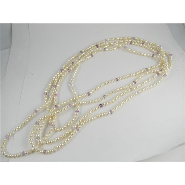 100 INCH LONG NECKLACE FAUX PEARLS W/ LIGHT BLUE CRYSTAL SPACERS XLNT COND