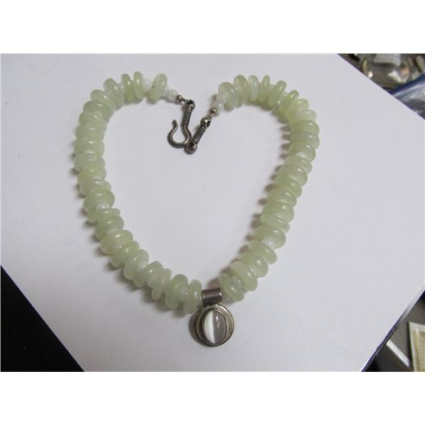 CARVED JADE RINGS / BEADS STERLING SILVER NECKLACE SYNTHETIC CATS EYE PENDANT 15 3/4" L XLNT COND