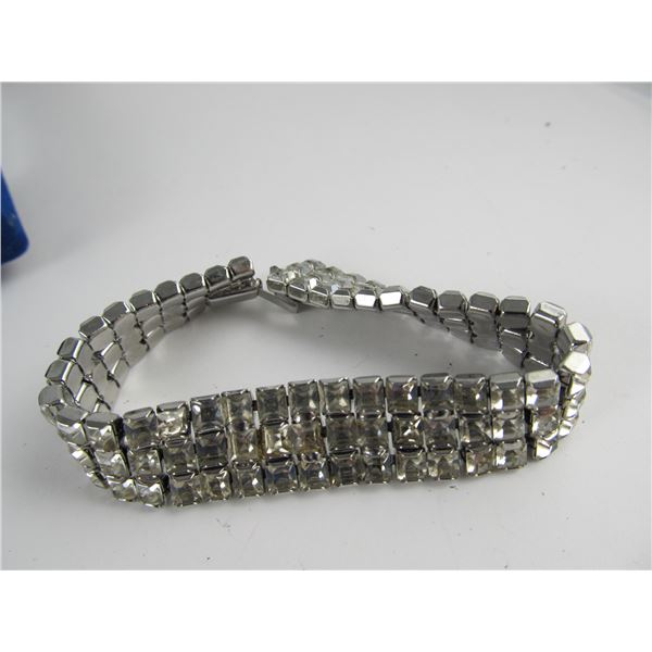 LES BERNARD FINE SILVER TONE BRACELET 3 ROWS INSET RHINESTONES 6 7/8" L XLNT COND