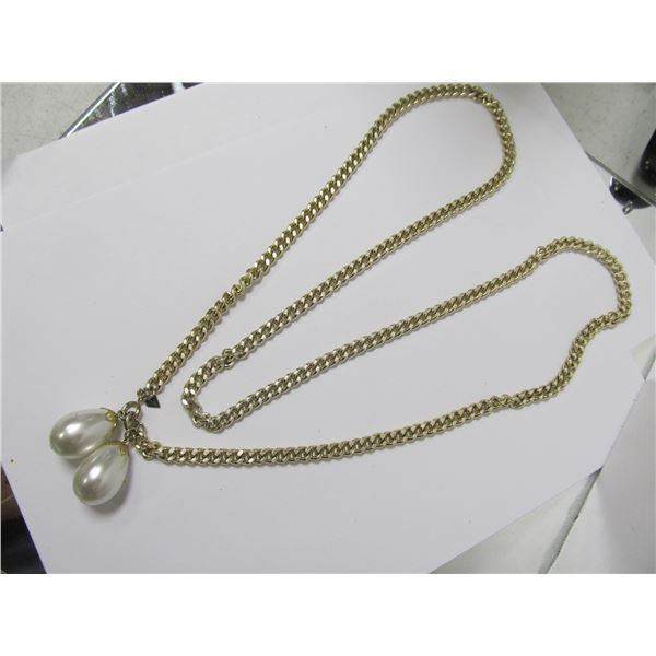 SARAH COVENTRY BRIGHT SILVER TONE NECKLACE 2 FAUX PEARLS 40" L XLNT COND