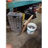 Image 1 : HARDWARE ORGANIZER WITH CONTENTS, PAIL OF NAILS AND CAST IRON COOKING GRID