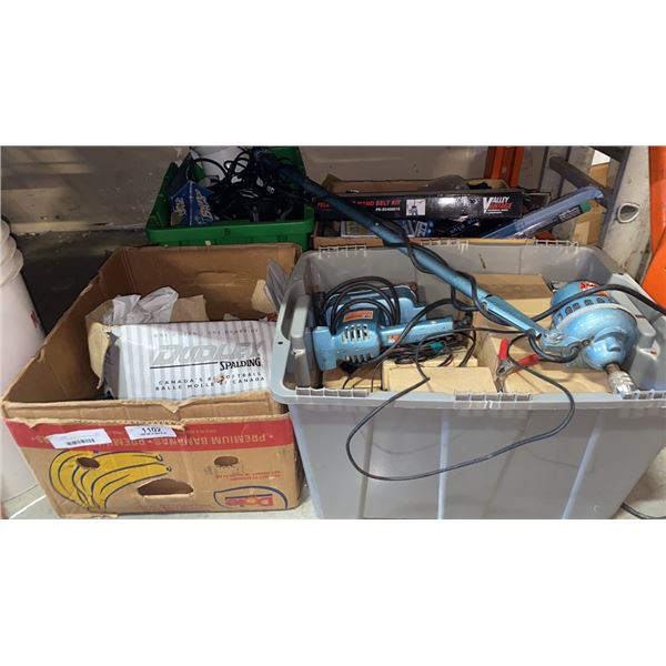 2 TOTES AND 2 BOXES OF ANTENNAS, AUTO PARTS, BLACK AND DECKER TOOLS AND MORE