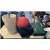 Image 1 : CAMP STOVE, DUFFEL BAG WITH KICKBALL AND PAIL WITH AXE, OIL CAN, ETC