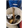 Image 4 : CAMP STOVE, DUFFEL BAG WITH KICKBALL AND PAIL WITH AXE, OIL CAN, ETC