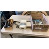 Image 1 : BOX OF MULTIMETER, DARKENING WELDING LENSES, FOOTSTOOL SHOESHINE KIT AND MORE