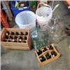Image 2 : LOT OF WINE MAKING CARBOYS AND BUCKETS WITH 2 WOOD CRATES OF BOTTLES BOTTLES