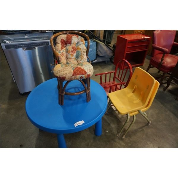 BLUE KIDS TABLE WITH 4 CHAIRS - 2 YELLOW, 1 RED AND 1 BENTWOOD