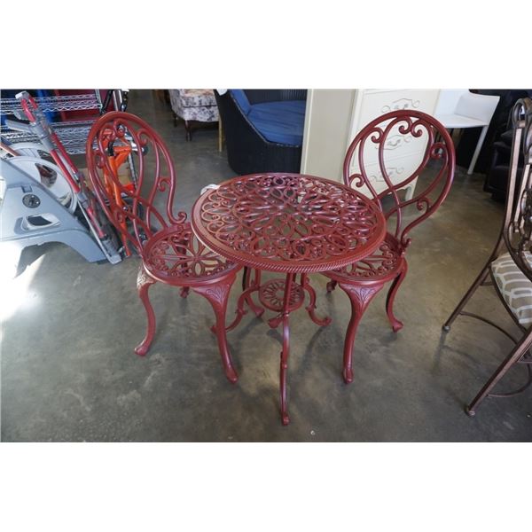 RED METAL BISTRO TABLE WITH 2 CHAIRS