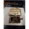 Image 1 : ARKLOW GIFTWARE IRISH DISH, ENGLAND FLOWER CREAM AND SUGAR, POSEY VASE, WOOD SHELF AND MORTAR AND PE
