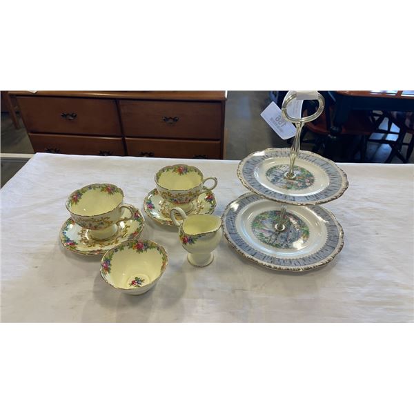 PARAGON MINUET CHINA CREAM AND SUGAR AND 2 CUPS AND SAUCERS AND ROYAL ALBERT SILVER BIRCH 2 TIER DES