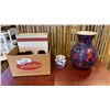 Image 1 : HOLLAND LIDDED JAR, POTTERY VASE AND RUBY GLASS DECANTER, CUPS AND SERVING BOWL