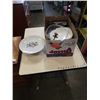 Image 1 : 2 MICROWAVE SAFE CASSEROLE DISHES, 2 BRASS CANDLESTICKS AND BAVARIA GERMANY CAKE PLATTER