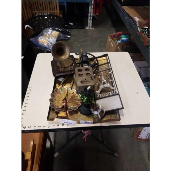 TRAY OF COLLECTIBLES: PEACOCK, KEGERATOR SPOUT, SCALE MUSIC BOX AND MORE