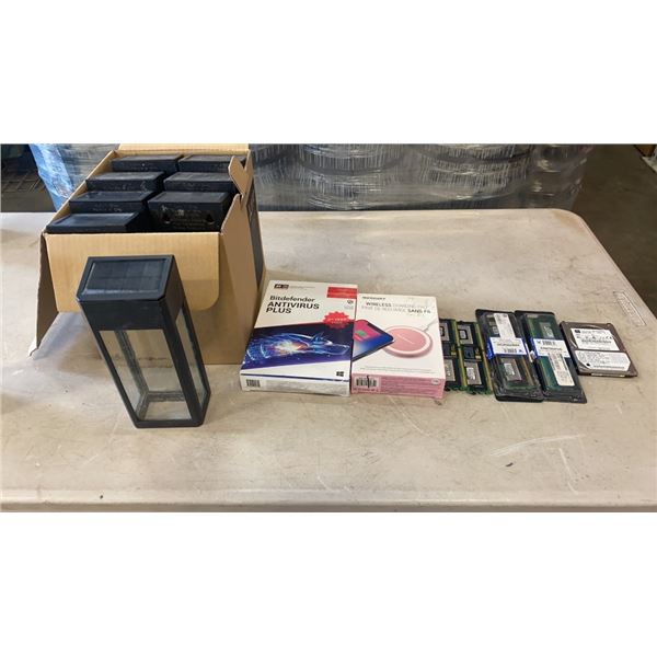 2 BOXES OF SOLAR LIGHT, WIRELESS CHARGER AND COMPUTER RAM