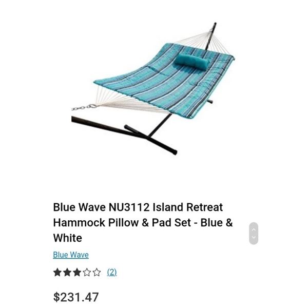 AS NEW BLUE WAVE ISLAND RETREAT HAMMOCK PILLOW AND PAD SET BLUE AND WHITE - HAMMOCK NOT INCLUDED