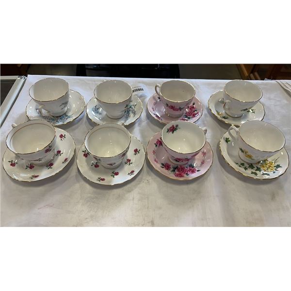 8 ASSORTED CUPS AND SAUCERS - COLCLOUGH AND ROYAL OSBORNE - 1 MIX MATCH CUP/SAUCER