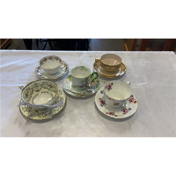 5 CUPS AND SAUCERS-LIMOGES, ROYAL ALBERT, AYNSLEY, PARAGON AND SHELLEY