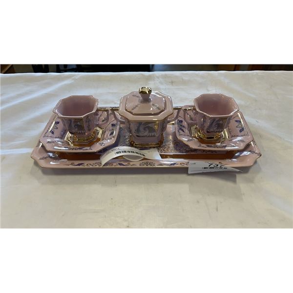 HAND PAINTED ROSA PORCELAIN TRAY, TEACUPS AND SAUCERS AND SUGAR