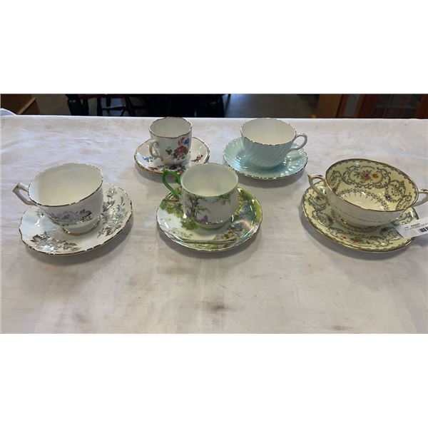 5 CUPS AND SAUCERS-ANSLEY (2), ROYAL ALBERT, SHELLEY AND PARAGON