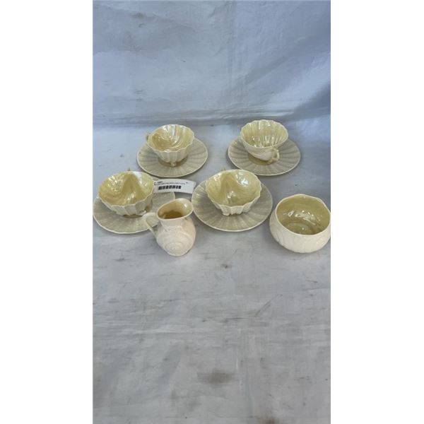 4 BELLEEK IRELAND CHINA NEPTUNE SHELL FEET CUPS AND SAUCERS, AND TOY SHELL CREAM AND SUGAR