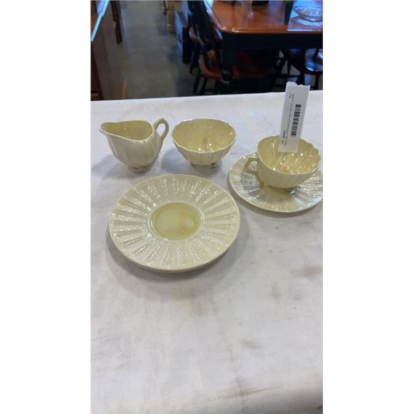 BELLEEK IRELAND CHINA  NEPTUNE CUP AND SAUCE, 2 SIDE PLATES, AND CREAM AND SUGAR