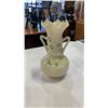 Image 2 : 3 BELLEEK IRELAND CHINA VASES - 2 SHAMROCK EMBOSSED BASKET WEAVE DOUBLE HARP HANDLED AND 1 SHAMROCK