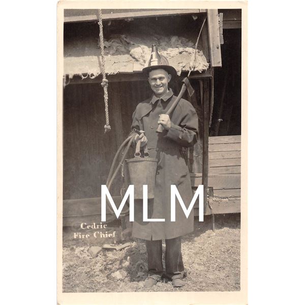 Cedric the Fire Chief with Ax, Hose & Bucket Photo Postcard