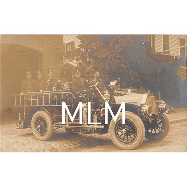 Fire Department Firemen on Engine Malden, Massachusetts Photo Postcard