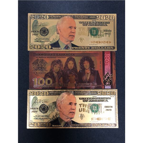 QUEEN/ JOE BIDEN 24KT GOLD LEAF BILLS LOT