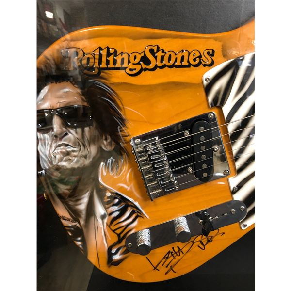 1/1 KEITH RICHARDS SIGNED WITH CUSTOM PORTRAIT FENDER SQUIRE GUITAR IN SHADOW BOX PSA LOA