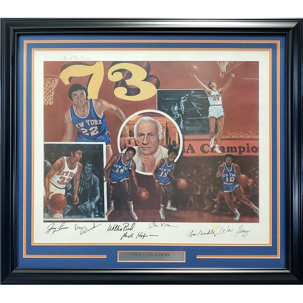 1972-73 New York Knicks Autographed Framed 24x29 Lithograph Photo With 7 Total Signatures