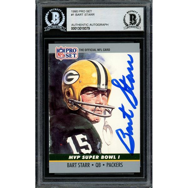 1990 TOPPS FOOTBALL BART STARR SIGNED CARD ( BECKETT COA)